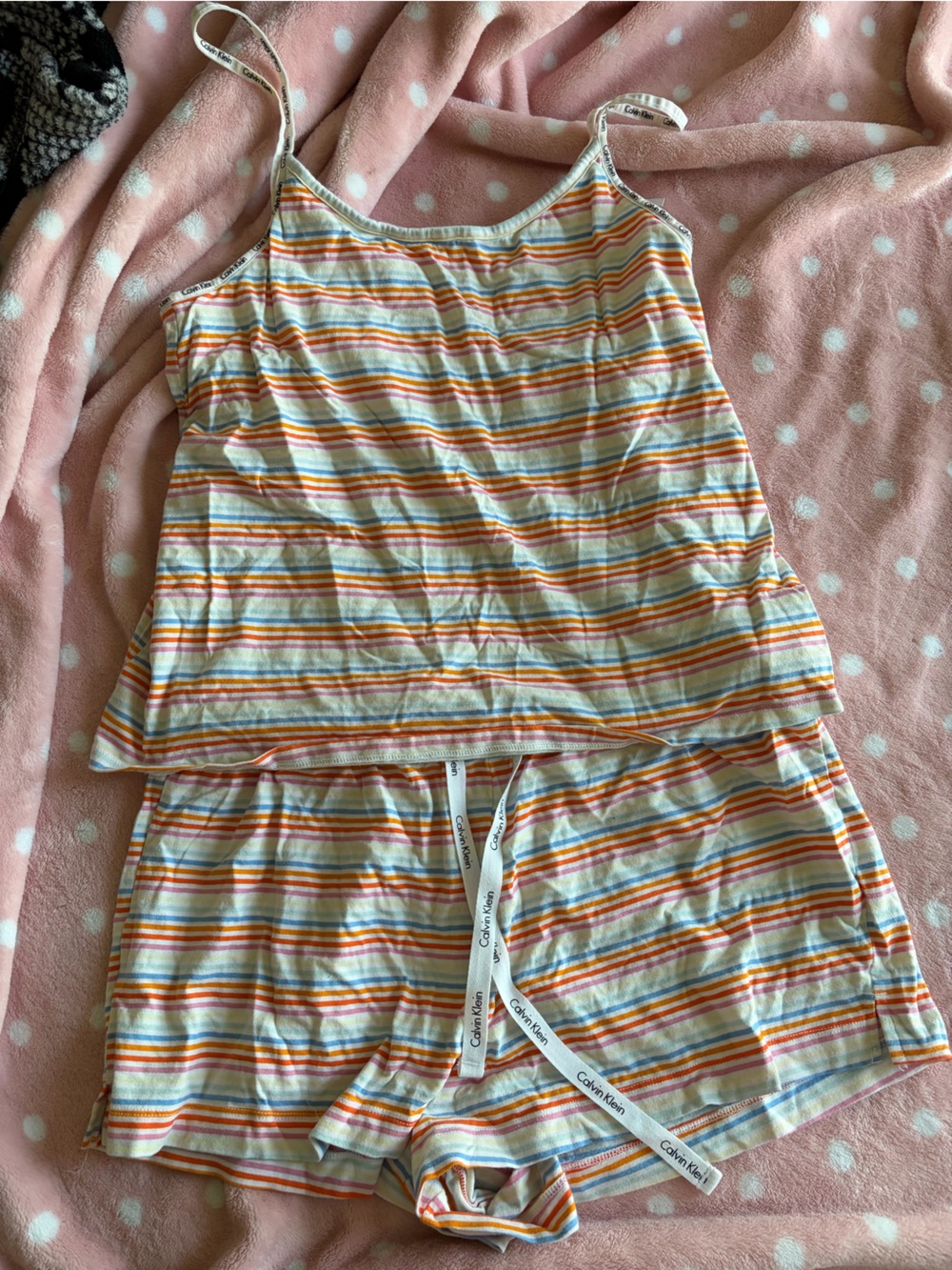 Calvin Klein Striped Cotton Cami & Shorts Set in White, Orange, Yellow, Blue